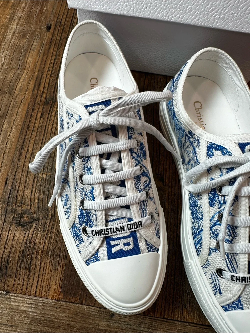 Dior White Canvas Low-Top Sneakers with Blue Toile Print